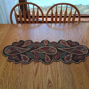 Pier 1 Imports Beaded Table Runner 35"X 13" Brown Gold Burgundy Boho Scalloped
